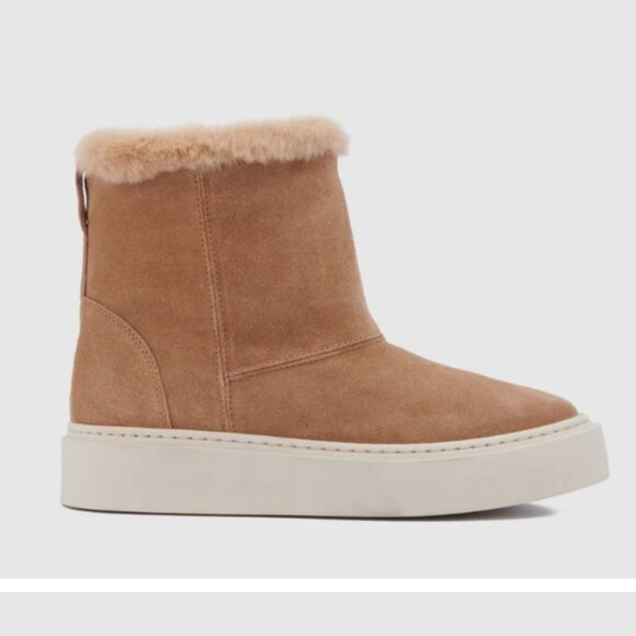 $495 Aquatalia Lavina Suede Weatherproof Ankle Platform Boot Faux Fur Beige 9.5 - Picture 3 of 12